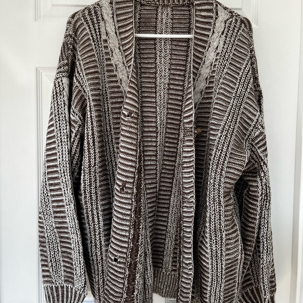 Cupshe Striped Knit Cardigan - Beige and White - Picture 3 of 7